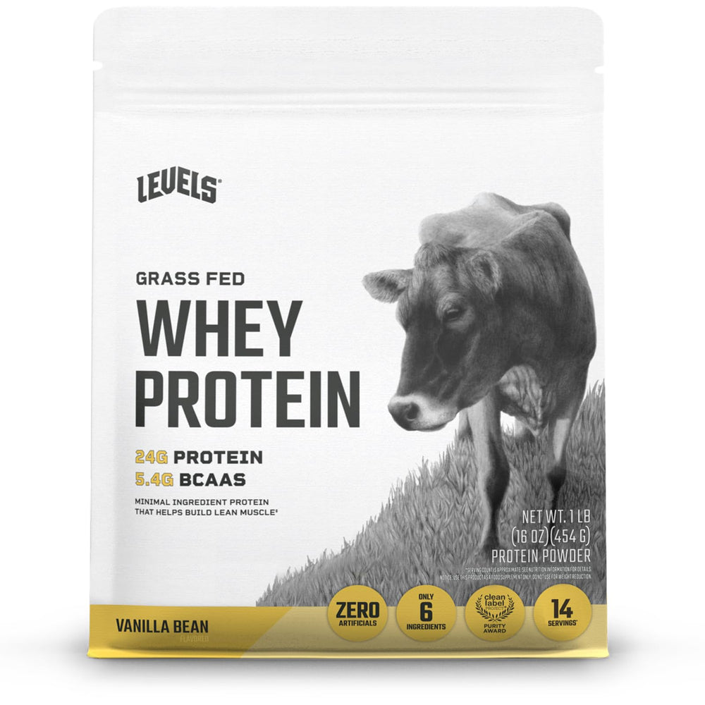 Levels Nutrition vanilla bean whey protein tub highlighting grass-fed source for daily shakes.
