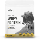 Levels Nutrition vanilla bean whey protein tub highlighting grass-fed source for daily shakes.