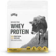 Levels Nutrition vanilla bean whey protein tub highlighting grass-fed source for daily shakes.
