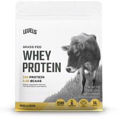 Levels Nutrition vanilla bean whey protein tub highlighting grass-fed source for daily shakes.