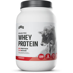 Levels Nutrition grass-fed whey protein bottle highlights clean ingredients for daily fueling