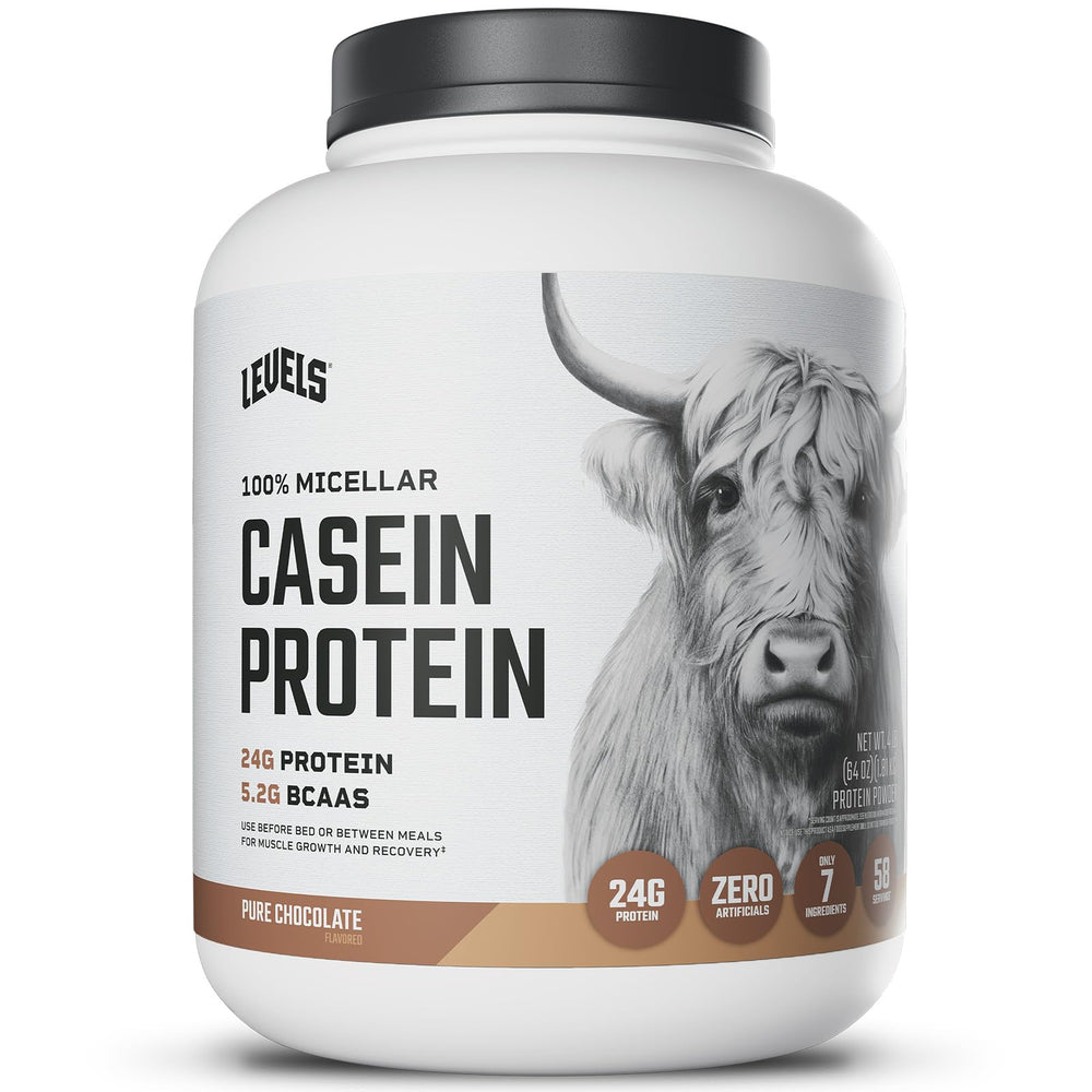 Levels Nutrition micellar casein chocolate 4lb packaging showing hormone-free protein quality