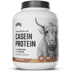 Levels Nutrition micellar casein chocolate 4lb packaging showing hormone-free protein quality