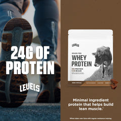 Levels Nutrition whey powder closeup reveals rich cacao and clean ingredients