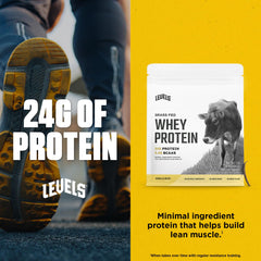 Levels whey microfiltered process label highlighting high quality protein and easy mixing.