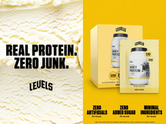 Levels Vanilla Bean whey protein scoop beside shaker for quick muscle-supporting mix