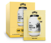 Levels Nutrition Vanilla Bean whey protein tub open with scoop for post-workout shake