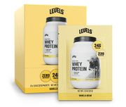 Levels Nutrition Vanilla Bean whey protein tub open with scoop for post-workout shake