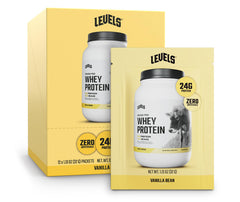 Levels Nutrition Vanilla Bean whey protein tub open with scoop for post-workout shake