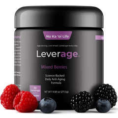 Leverage mixed berries daily wellness powder in tub, a convenient daily vitality boost.