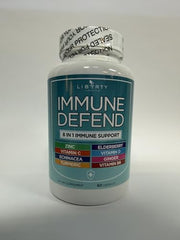 Liberty Lifestyle 8-in-1 Immune bottle label shows ingredients and dosage guidance for balanced daily use