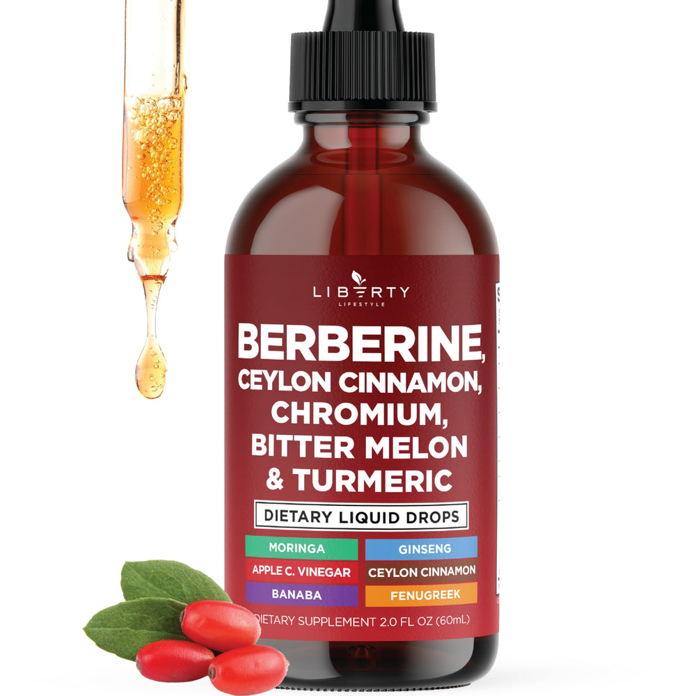 The Liberty Lifestyle berberine cinnamon drops bottle shows easy dosing in water.