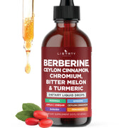 The Liberty Lifestyle berberine cinnamon drops bottle shows easy dosing in water.