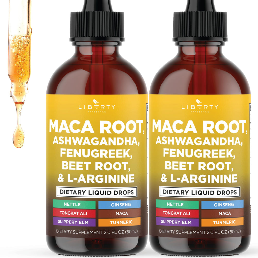Liberty Lifestyle Maca Root Liquid Drops bottle highlights energy and balance for daily wellness