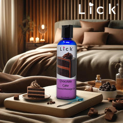 Lick Chocolate Cake flavored massage oil bottle label highlights gourmet aroma