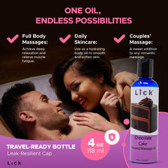 Lick Chocolate Cake flavored massage oil with couple massage scene emphasizes shared intimacy