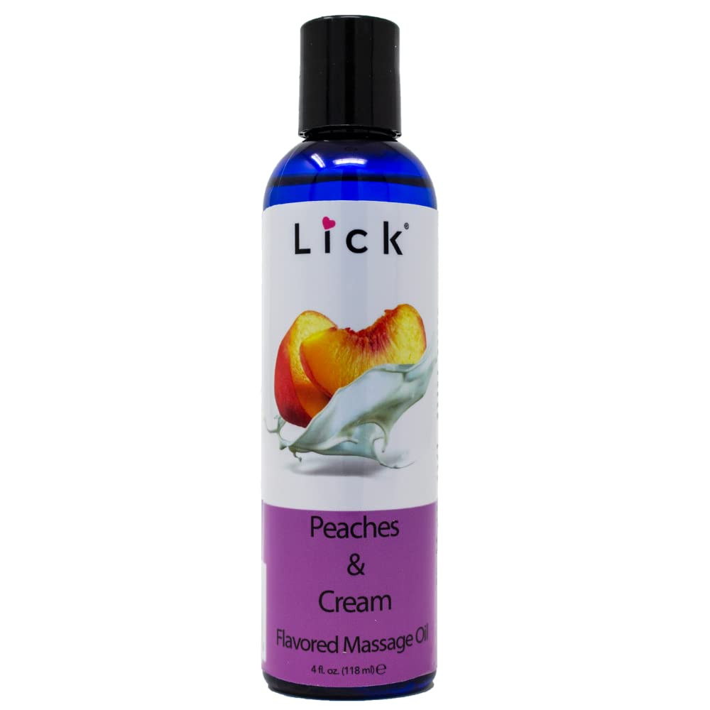 LICK Peaches and Cream edible massage oil bottle, premium skin glide for couples.