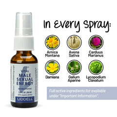 Liddell Vital Male Energy ingredients closeup showcases natural botanicals.