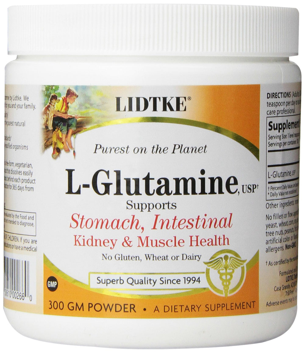 Lidtke Glutamine powder bottle for easy daily supplementation.
