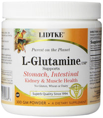 Lidtke Glutamine powder bottle for easy daily supplementation.