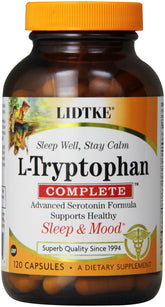Lidtke L-Tryptophan Complete bottle label shows ingredients and potency for daily wellness