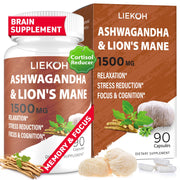 Liekoh Ashwagandha and Lions Mane bottle close-up for focus support.