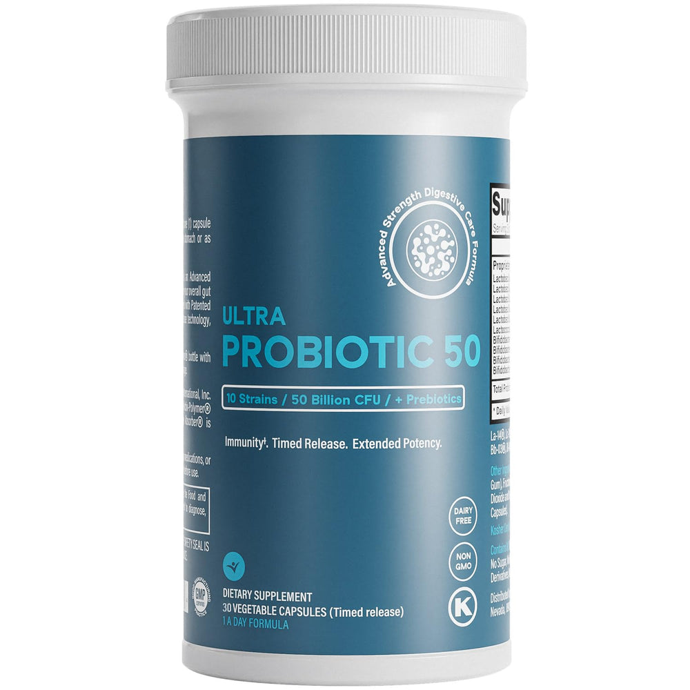 Life & Food bottle front view highlights 50 billion CFU probiotics for digestion support