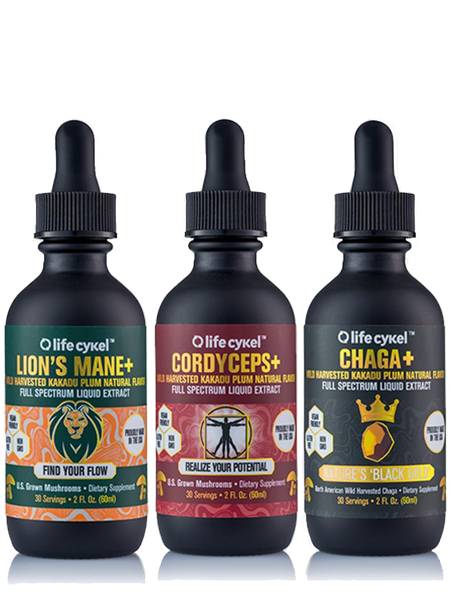 Life Cykel This Is It Pack bottle showing triple‑action mushroom blend for daily vitality