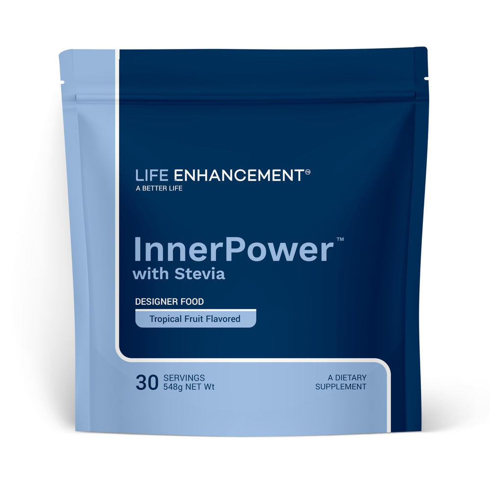 Life Enhancement InnerPower with Stevia drink mix tub shows the flavorful supplement for daily nutrition support.