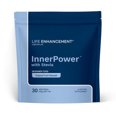 Life Enhancement InnerPower with Stevia drink mix tub shows the flavorful supplement for daily nutrition support.