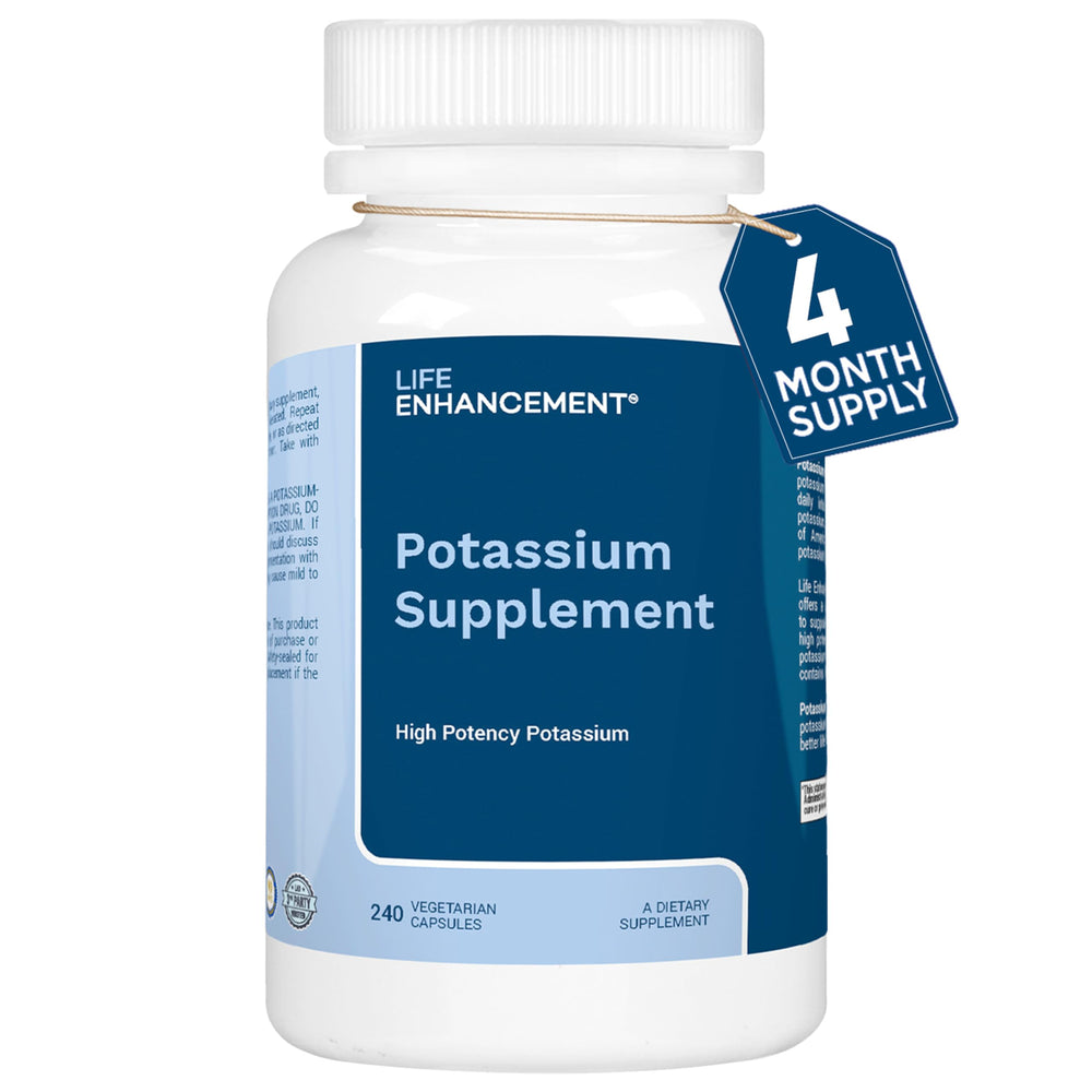 Life Enhancement potassium bottle front showing 240 veggie capsules for daily intake