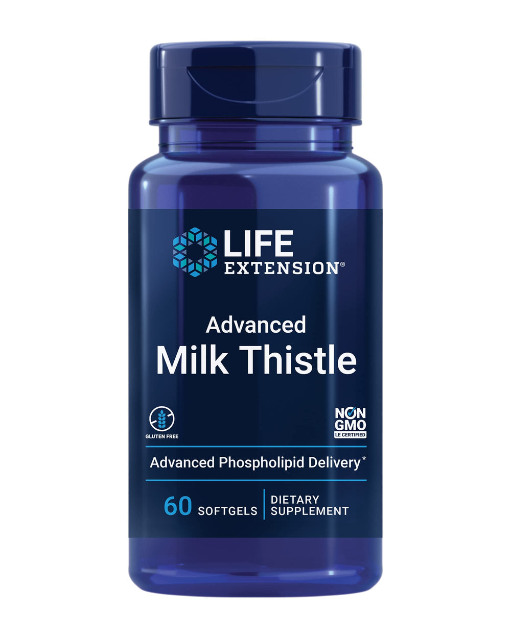 Life Extension Advanced Milk Thistle bottle shows 60 softgels for potential liver support