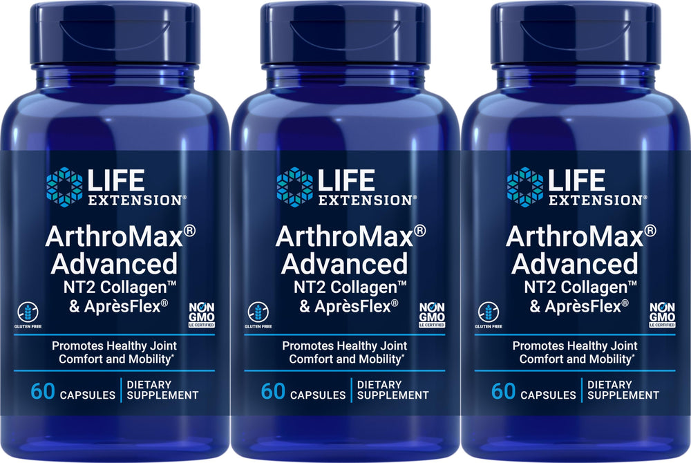 Life Extension ArthroMax bottle with NT2 Collagen and ApresFlex highlighting joint support.