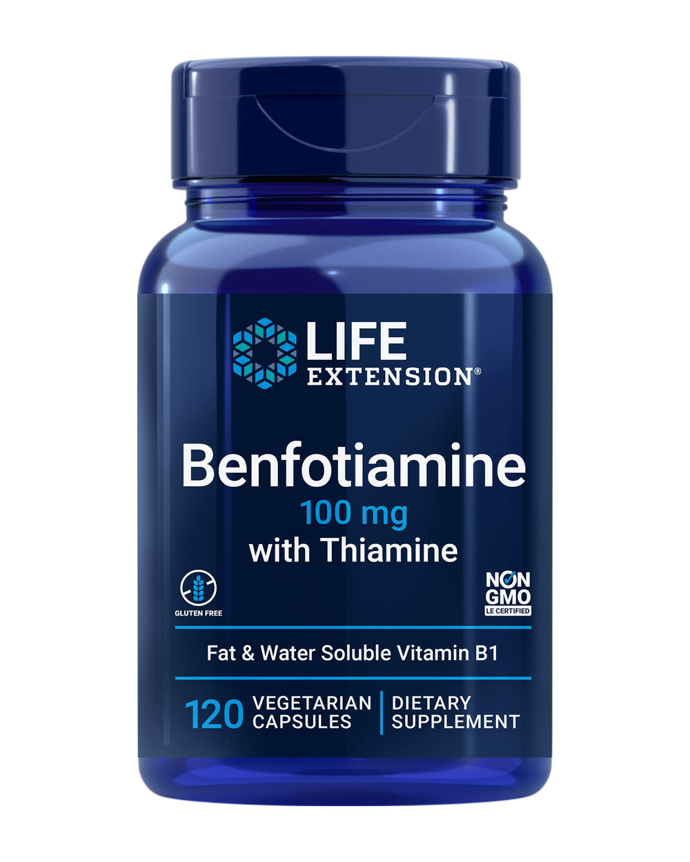 Life Extension Benfotiamine bottle and label support healthy glucose metabolism.