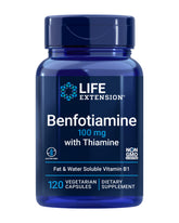 Life Extension Benfotiamine bottle and label support healthy glucose metabolism.