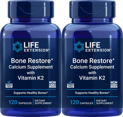 Life Extension Bone Restore bottle with capsules supporting daily calcium intake.