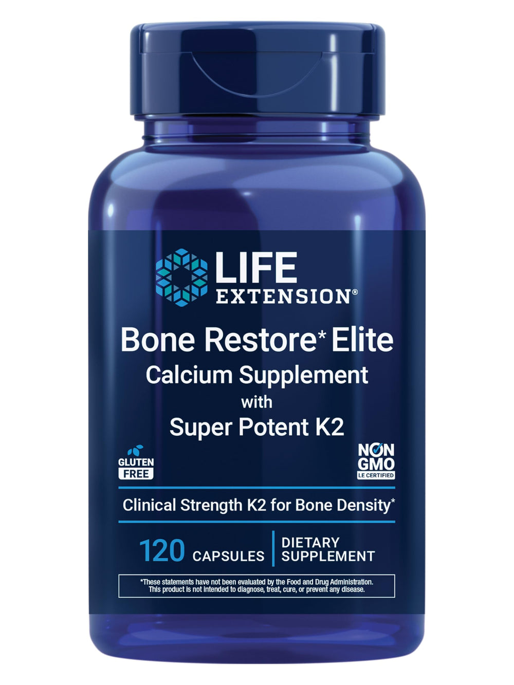Life Extension Bone Restore Elite bottle with K2-rich formula for bone support.
