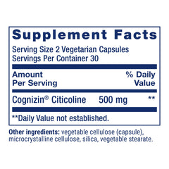 Life Extension Citicoline packaging label highlights gluten-free and non-GMO ingredients