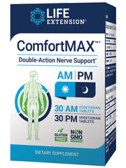 Life Extension ComfortMAX bottle close-up highlighting PEA and honokiol for everyday comfort.