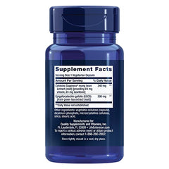 Life Extension Cytokine Suppress EGCG bottle side shows gluten-free, non-GMO ingredients.