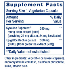 Life Extension Cytokine Suppress EGCG capsules close-up, 30-count vegetarian capsules.