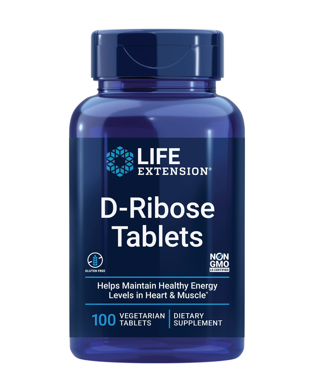 Life Extension D-Ribose Tablets bottle shows energy support and calcium boost