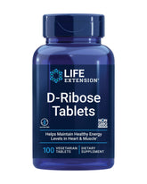Life Extension D-Ribose Tablets bottle shows energy support and calcium boost