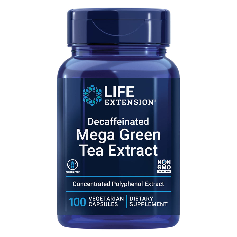 Life Extension Decaffeinated Mega Green Tea Extract bottle showing polyphenol content