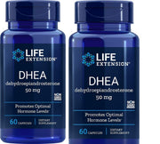 Life Extension DHEA 50 mg bottle and two-pack on shelf, supports daily wellness routine