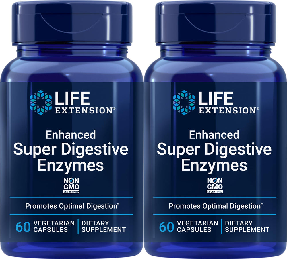 Life Extension Enhanced Super Digestive Enzymes bottle showing plant-based enzyme blend for digestion support