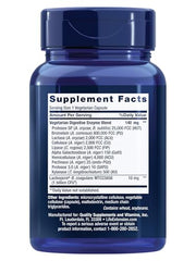 Life Extension Enhanced Super Digestive Enzymes caplets closeup highlights vegetarian, non-GMO formulation.