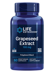 Life Extension Grapeseed Extract bottle label showing heart-friendly formula.