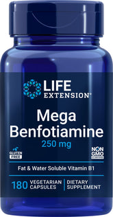 Life Extension Mega Benfotiamine bottle front showing dual B1 formula for enhanced absorption.