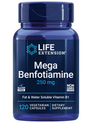 Life Extension Mega Benfotiamine bottle shows high-potency B1 for metabolic support.